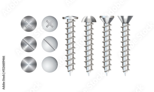 Set of screws and self-tapping screws isolated on white background. Realistic 3d Vector illustration. Is used to connect metal, non-metal, wooden parts.