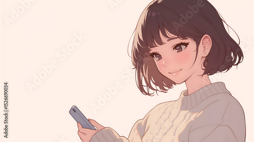 スマホを見て微笑む女性のイラスト
