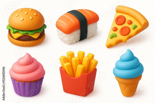 Colorful 3d cartoon fast food icons set featuring burger, sushi, pizza, cupcake, fries, and ice cream cone for fun digital designs, white background