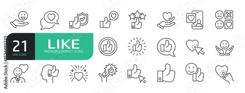 Set of Line Icons Related to Like, Thumb Up, Appreciation, Positive, Loved, Approve, Favorable, and more.