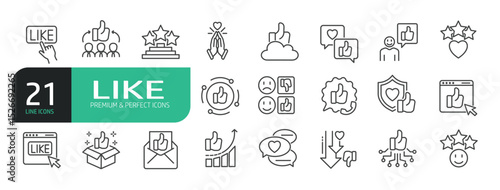 Set of Line Icons Related to Like, Thumb Up, Appreciation, Positive, Loved, Approve, Favorable, and more.