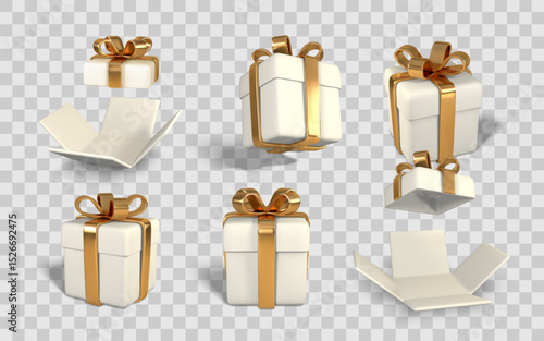 Gift Boxes with Golden Ribbons in Different Open and Closed Positions on Transparent Background for Holiday or Celebration Design. Vector Illustration