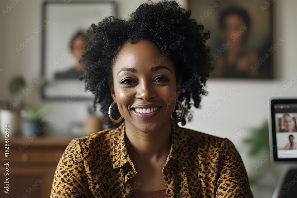 Fototapeta premium Smiling woman with curly hair in modern workspace Generative AI
