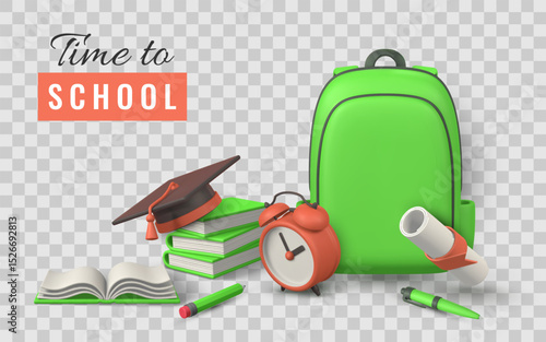 School Supplies 3D Illustration with Backpack, Alarm Clock, Books, and Graduation Cap on Transparent Background. Education, Learning, Back to School Theme. Vector Illustration