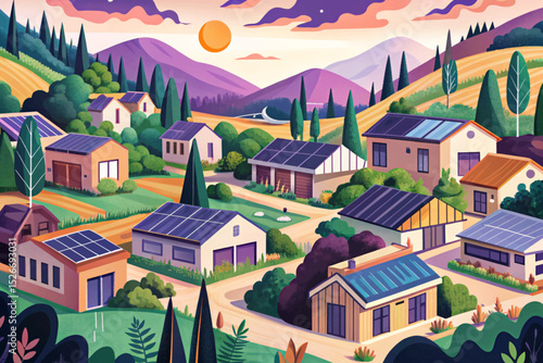 Vector illustration of a modern eco-village nestled in lush green hills perfect for sustainability concepts, eco-architecture, rural innovation, and green living visuals