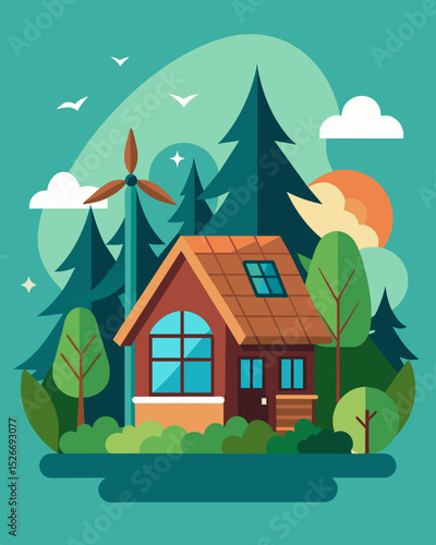 Reconnect with the earth and your work goals in the rustic and charming ecocottage powered solely by renewable energy sources.. Vector illustration