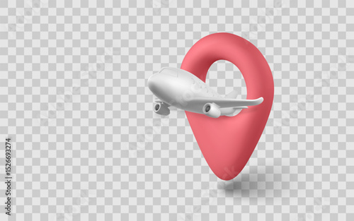 Airplane Flying Through 3D Map Pin Icon on Transparent Background, Ideal for Travel, Navigation, and Location Concepts in Modern Design Projects. Vector Illustration