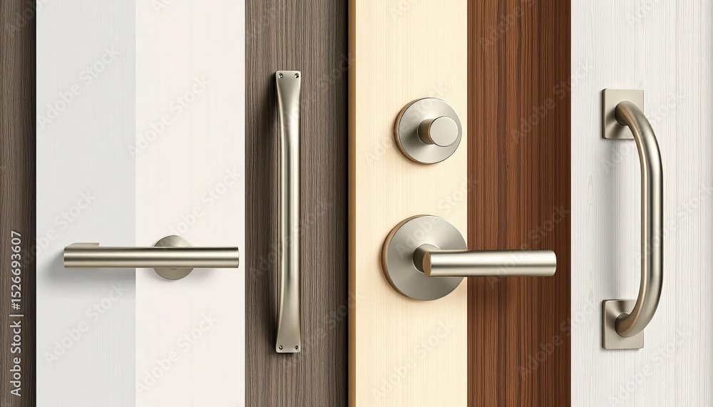 Sleek metallic door handles in various styles; modern architectural hardware, home, contemporary Sleek metallic door handles in various styles; modern architectural hardware, home, contemporary
