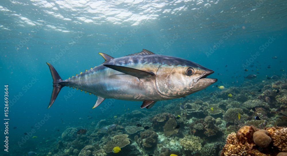 Fototapeta premium Yellowfin Tuna Swimming Over Coral Reef