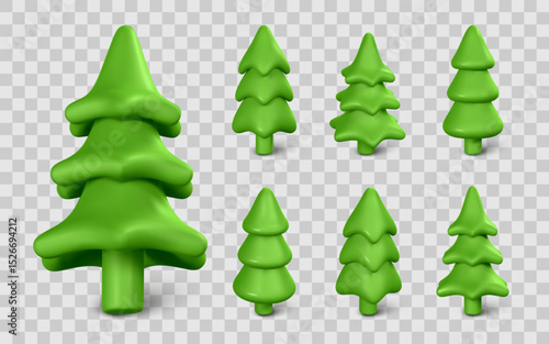 3D Cartoon Pine Tree Icons Set, Minimalist Evergreen Fir Shapes for Game Design, UI, or Holiday Decor. Bright Green Stylized Forest Elements. Vector Illustration