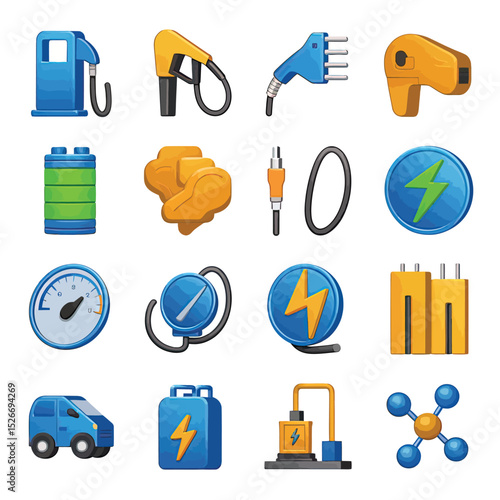 vector icons to vehicle fueling and charging a gasoline pump, an electric vehicle plug hydrogen mole