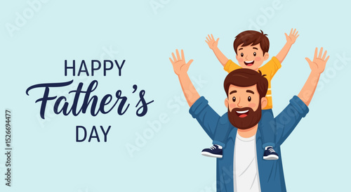 Cartoon Father and Son Celebrating Father's Day with Arms Raised