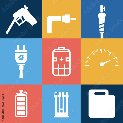 vector icons to vehicle fueling and charging a gasoline pump, an electric vehicle plug hydrogen mole