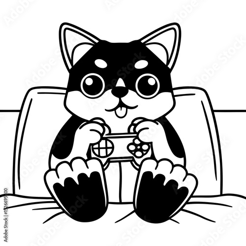 Vector cute shiba inu holding a game pad stick