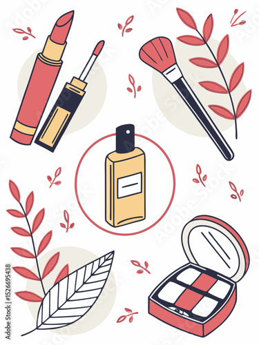 Makeup Essentials A Collection of Beauty Products, including Lipstick, Lip Gloss, Foundation, Blush, and More