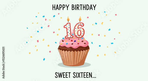 Sweet Sixteen Birthday Cupcake with Lit Candles and Confetti