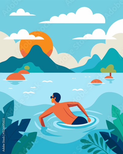 In between work sessions the freelancer takes a dip in the warm ocean water feeling rejuvenated and inspired by the beautiful surroundings.. Vector illustration