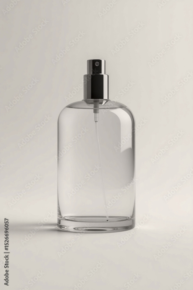 Transparent glass atomizer bottle mockup for skincare, hair mist, or fragrance products Transparent glass atomizer bottle mockup for skincare, hair mist, or fragrance products