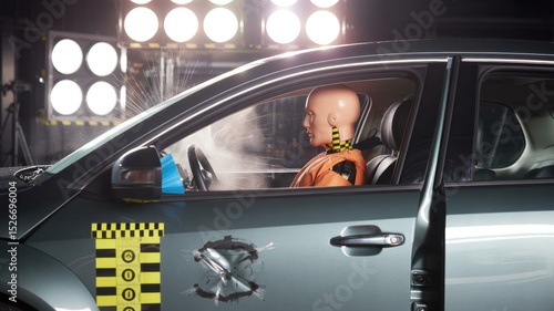Crash test dummy in simulated car collision with airbag deployment