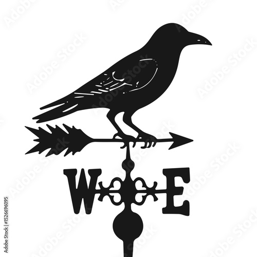 Weather vane with crow silhouette against white background, pointing west, used for weather blogs