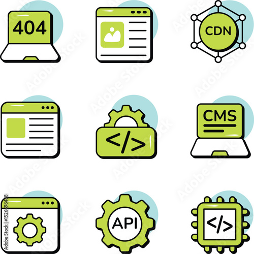 Set Of Web Development and Web Services Circle Color Outline Icons and Illustration Pack