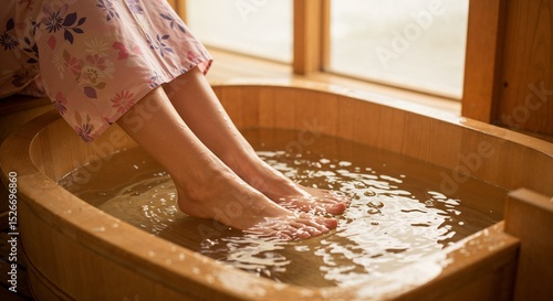 Woman soaking feet in wooden basin at spa