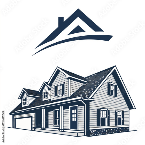 Dream House Illustration: A charming two-story house illustration, featuring a gray siding, a gable roof, and attached garage, sits under a stylized roof logo.