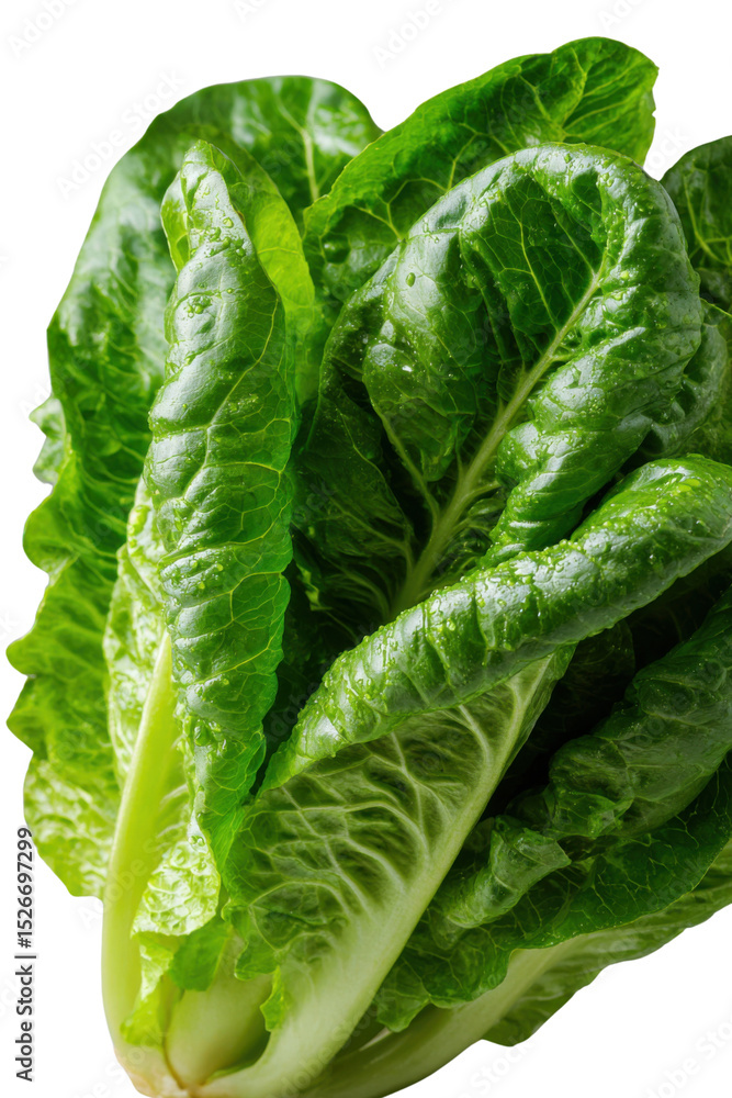 Fototapeta premium Fresh Romaine Lettuce: A vibrant, close-up shot of a fresh head of romaine lettuce, showcasing its crisp, textured leaves and rich green color, a symbol of healthy eating and culinary delight.