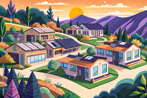 Vector illustration of a modern eco-village nestled in lush green hills perfect for sustainability concepts, eco-architecture, rural innovation, and green living visuals
