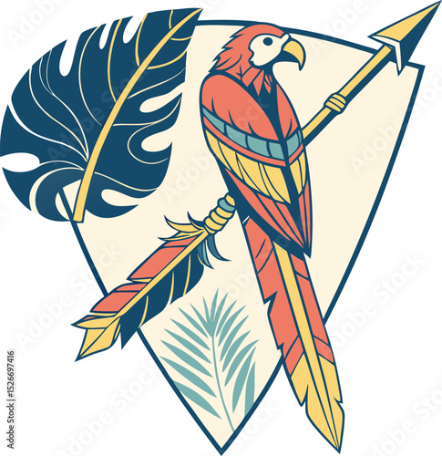 Colorful Parrot on an Arrow, Tropical Design Graphic