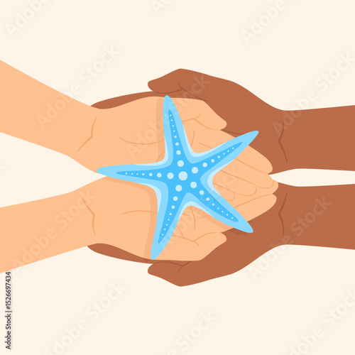 Two pairs of hands of different skin tones holding a blue starfish, top view. Flat vector illustration