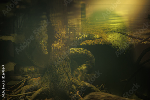 Cuadro en lienzo Close-up of a green anaconda in a semi-aquatic exhibit, captured in low light to emphasize its stealth and adaptation to murky rainforest waters