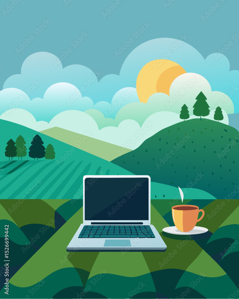 Fototapeta premium From the top of the tea plantation a laptop glints in the sunlight as the owner types away admiring the breathtaking views.. Vector illustration