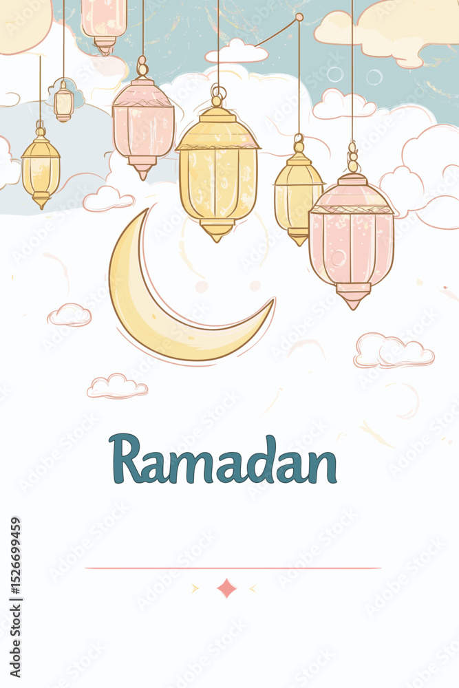 Naklejka premium Ramadan decorative lanterns and crescent moon illustration