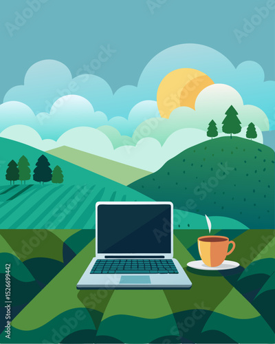 From the top of the tea plantation a laptop glints in the sunlight as the owner types away admiring the breathtaking views.. Vector illustration