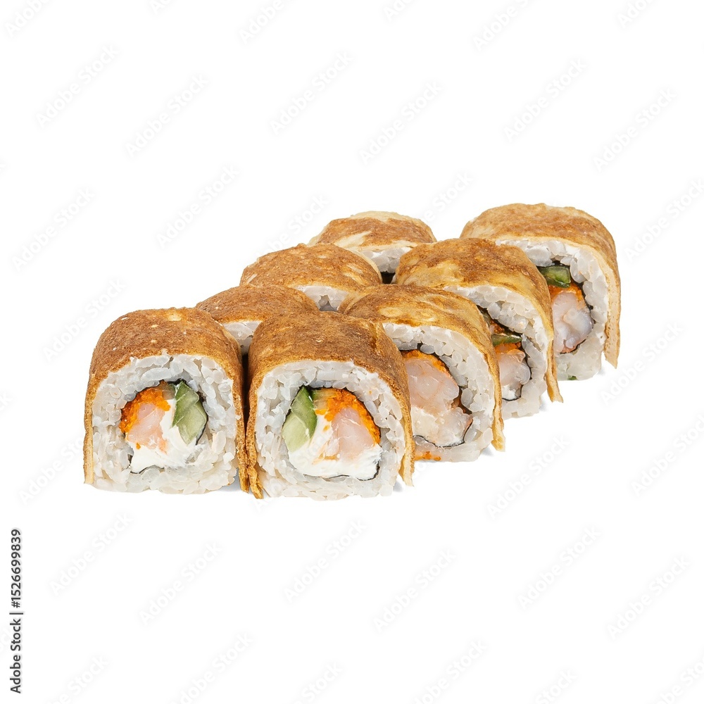 Crispy sushi rolls with shrimp, avocado, and cream cheese, coated in golden tempura on white. Crispy sushi rolls with shrimp, avocado, and cream cheese, coated in golden tempura on white.