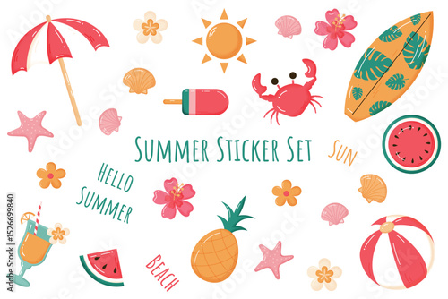Summer sticker set isolated on transparent background.  Collection of stickers with watercolor texture. Surfboard, beach umbrella,sun, flowers, shells,fruits,cocktails, ball. Vector illustration. 
