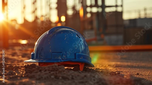 Blue hardhat for industrial work safety and head protection on a sunny construction site