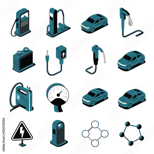 vector icons to vehicle fueling and charging a gasoline pump, an electric vehicle plug hydrogen mole