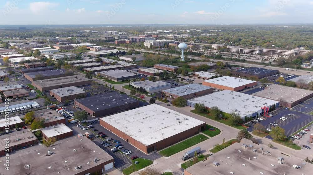 Aerial view of an office park with low-rise buildings near a highway in a suburban setting. Aerial view of an office park with low-rise buildings near a highway in a suburban setting.