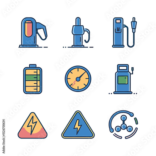 vector icons to vehicle fueling and charging a gasoline pump, an electric vehicle plug hydrogen mole