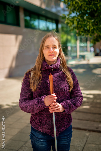 Wallpaper Mural Close-up of a visually impaired woman with white cane walking in the city Torontodigital.ca