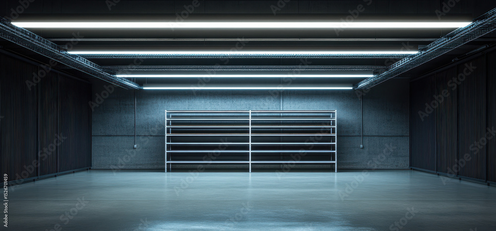 Obraz premium Empty Industrial Warehouse with Metal Shelving