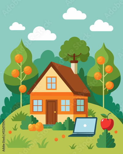 Take a break from city life and work remotely from the idyllic and ecofriendly cottage surrounded by organic fruit trees and vegetable gardens.. Vector illustration