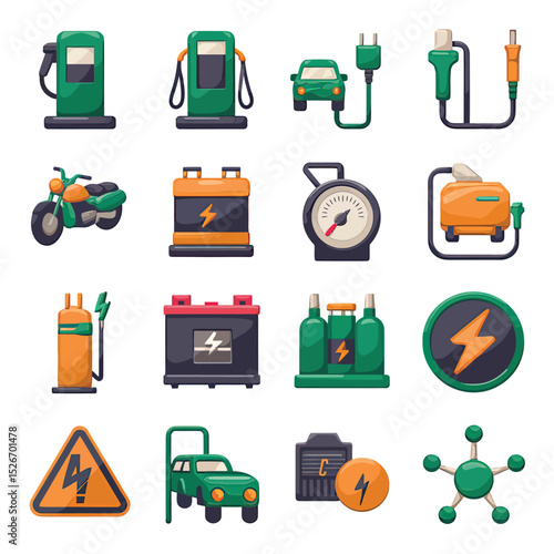 vector icons to vehicle fueling and charging a gasoline pump, an electric vehicle plug hydrogen mole