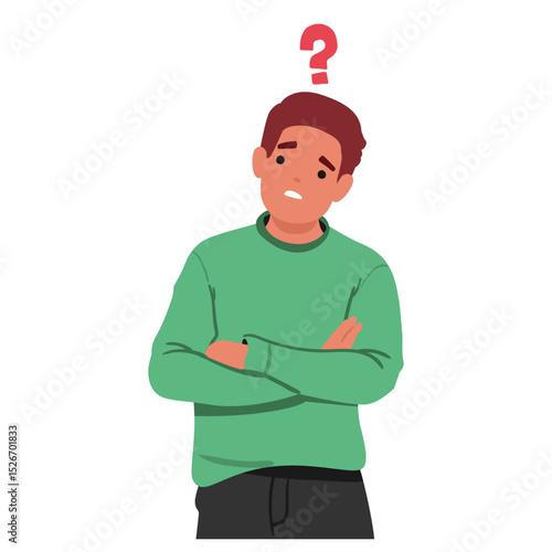 Upset emotional man cartoon character with question mark overhead frowning thinking about trouble