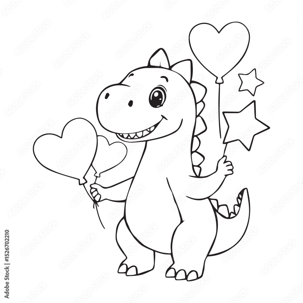 Cute cartoon dinosaur holding heart balloons and stars Cute cartoon dinosaur holding heart balloons and stars