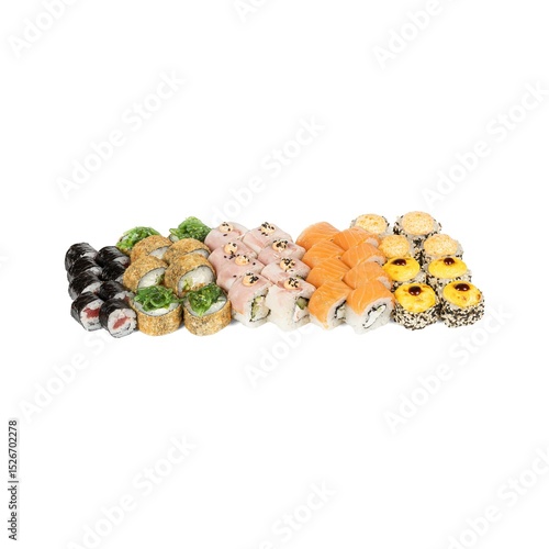 Sushi rolls are lined up in a row on a white background