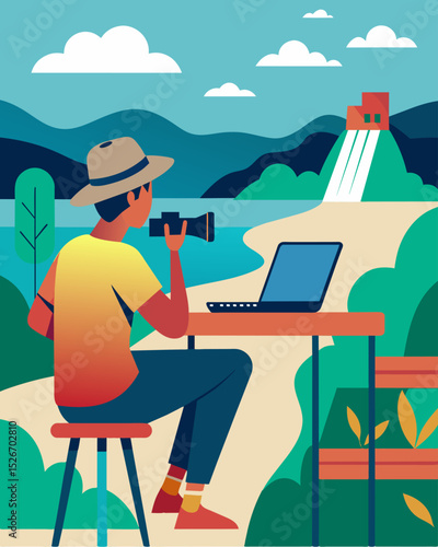 High up on the observation deck a photographer edits and organizes their photos on their laptop with the breathtaking panoramic views of the river as their backdrop.. Vector illustration