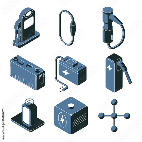 vector icons to vehicle fueling and charging a gasoline pump, an electric vehicle plug hydrogen mole